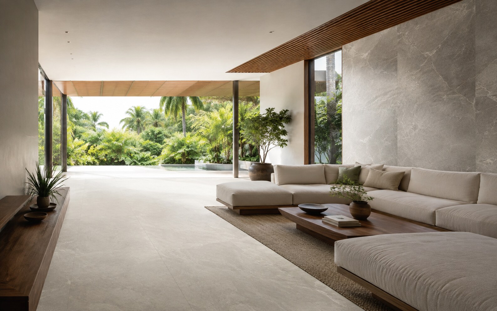 Intérieur contemporain aux sols et murs en carrelage effet pierre