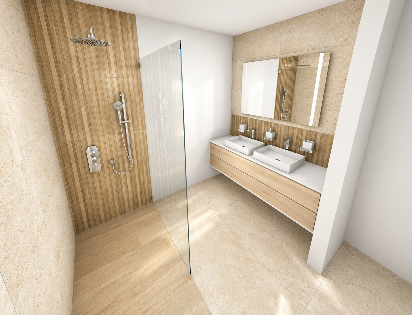 Simulation 3D KazDesign d’une salle de bains chaleureuse avec double vasque