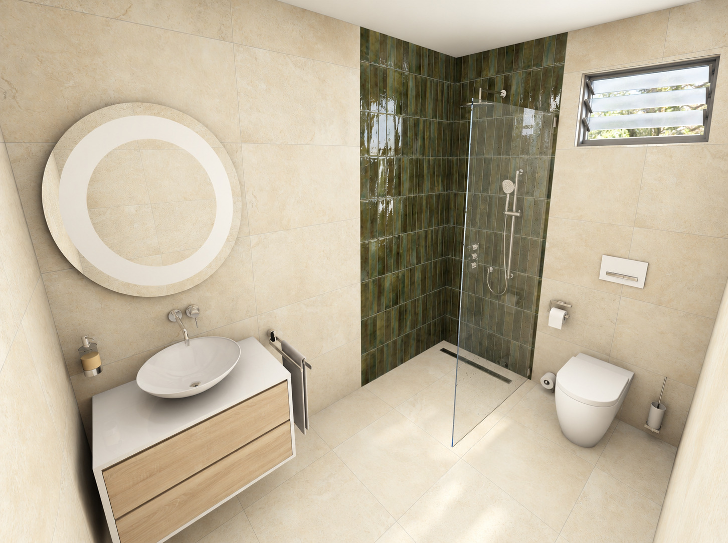 Simulation 3D d’une salle de bains beige avec douche en carrelage vert profond