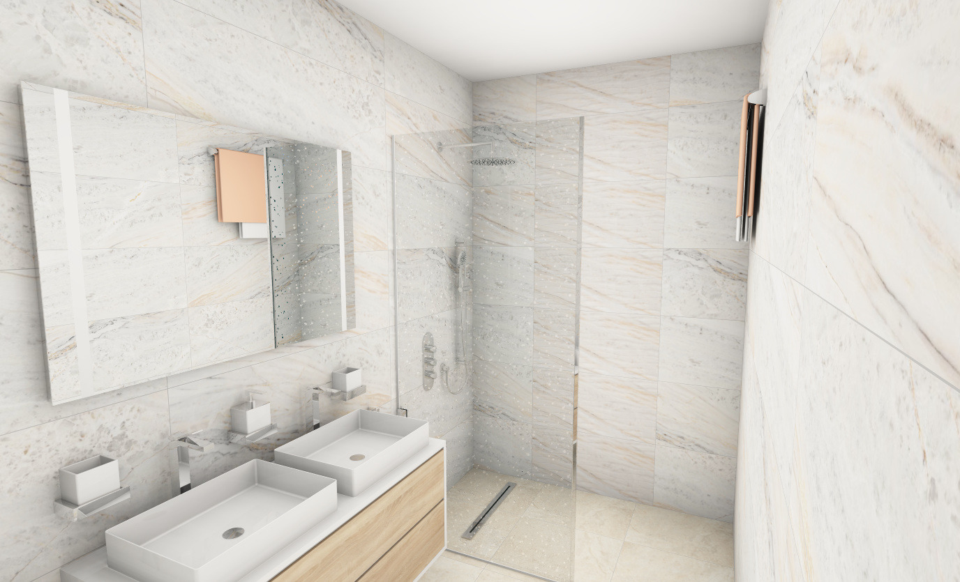 Simulation 3D d’une salle de bains claire en marbre blanc avec double vasque