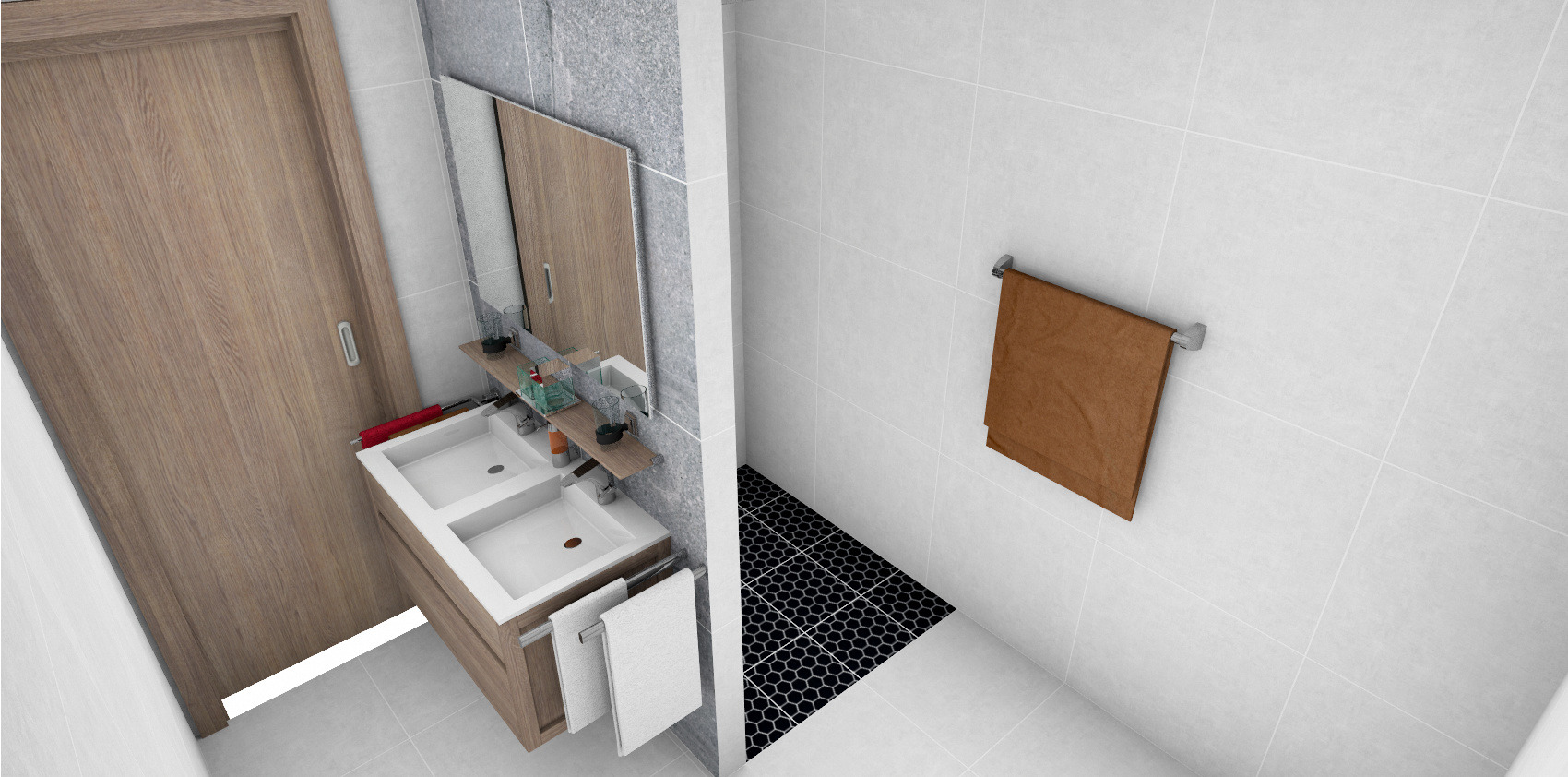 Simulation 3D d’une salle de bains minimaliste avec meuble en bois et douche en mosaïque noire